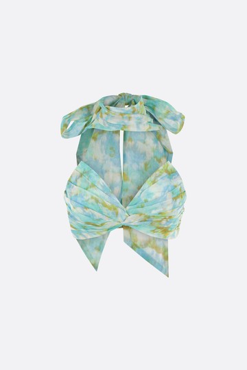 ZIMMERMANN Aqua Itak Floral linen and silk structured top with tie Woman