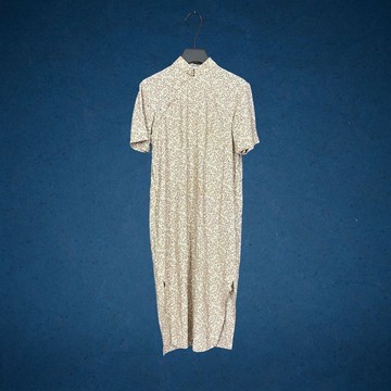 二手 台南佳美高級旗袍 米 變形蟲印花 下擺開岔  短袖旗袍 CA613