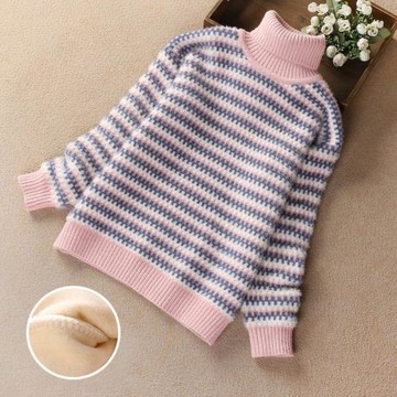 女童高領毛衣2025新款條紋兒童加絨加厚針織打底衫水貂絨大童秋冬