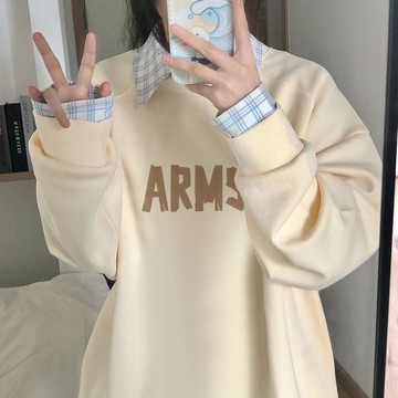 【臺灣出貨】美式ins圓領衛衣女 春秋新款 寬鬆慵懶風學院風衛衣 落肩潮流百搭學生外套 翻領長袖上衣 大尺碼衛衣女