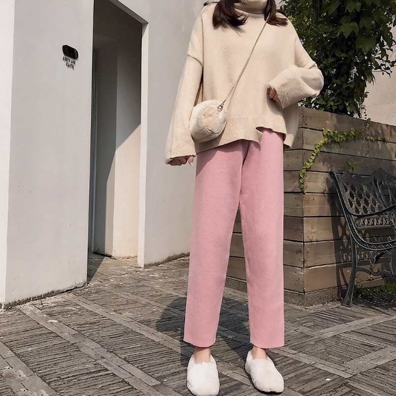 韓国秋冬服ズボンニットパンツ ハイウエストテーパードパンツ ピンクレディースパンツ 九分丈 脚長効果着痩せ 通販 LINEポイント最大1.0%GET LINEショッピング テーパードパンツ ピンク