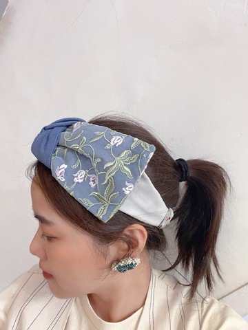 紫花刺繡拼接 鬆緊寬髮帶