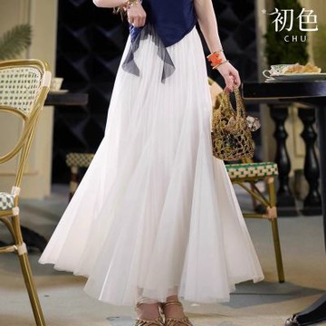 初色 法式氣質鬆緊腰大擺顯瘦半身裙魚尾裙甜美紗裙-白色-14602(M/L可選)