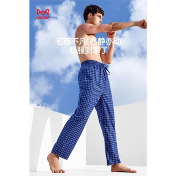 貓人純棉睡褲男士加厚款寬松加大碼全棉休閑居家格子家居褲秋冬款