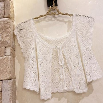 TT紗 鳳羽鏤空 純手工鉤繩 復古 夏天 短款 針織開衫 K
