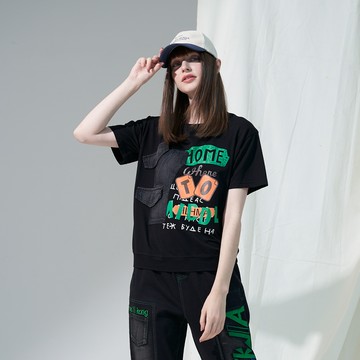 CLL巧玲瓏 率性牛仔拼接字母上衣 2253901