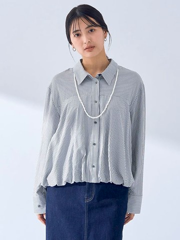 素面/條紋氣球感翻領長袖襯衫(07000216900) - YECCA VECCA