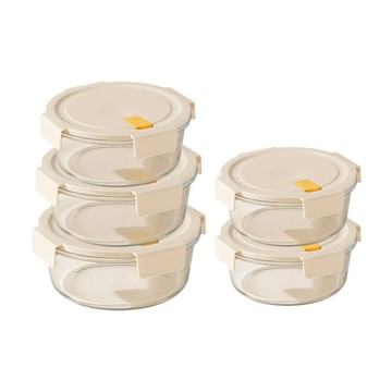 FOREVER LIFE 耐熱玻璃 圓形 保鮮盒 5件組 - 米色五件組 ( 420ml X2｜620ml X1｜950ml X1｜1300ml X1 )