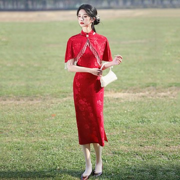 【米蘭精品】現貨+預購 新中式改良旗袍連身裙長裙A字裙百褶裙子大碼洋裝休閒女裝-掛脖訂婚中式2色74mb35