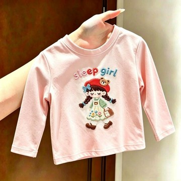 兒童長袖上衣 女童上衣 男童上衣 保暖上衣100%棉長袖春秋季女童可愛仿刺繡印花甜美風純棉透氣寬鬆打底衫潮童裝