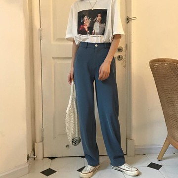 復古高腰純色休閑褲秋裝百搭寬松垂感闊腿褲拖地顯腿長褲女1入