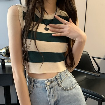 韓版設計感針織條紋短版背心【V255】