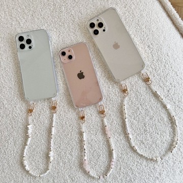Twinko💗[CA1381]極美自訂*HAPPY/LOVE珍珠貝殼粉水晶鍊條腕帶/透明一體成型防摔殼/斜背殼/腕鍊殼