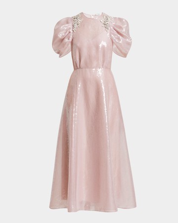 Crystal Sequined Puff-Sleeve Midi Cocktail Dress