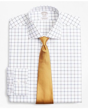 Brooks Brothers Men's Stretch Soho Extra-Slim-Fit Dress Shirt, Non-Iron Poplin English Collar Double-Grid Check | Brown | Size 14½ 34