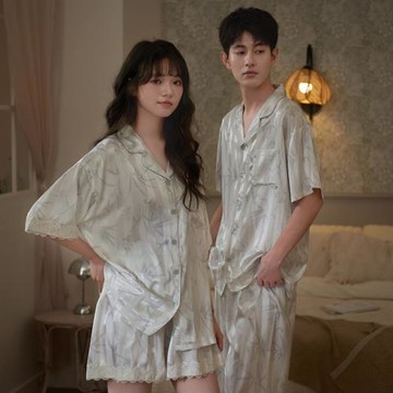 情侶睡衣女夏季新款涼感冰絲短袖男士輕奢絲綢國風家居服