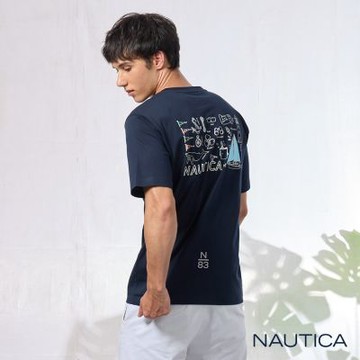 Nautica 官方旗艦 男裝 航海元素印花涼感短袖T恤-深藍色