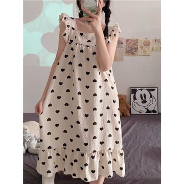 日系小愛心吊帶睡裙少女夏季新款甜美公主風梭織泡泡棉連衣裙睡衣