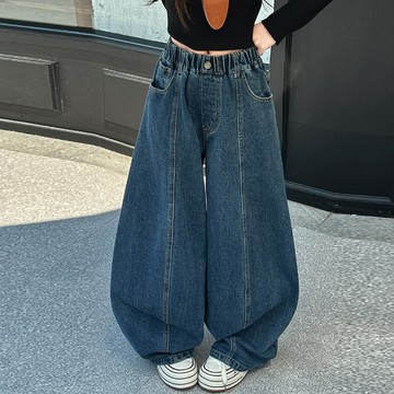 【中大女童】美式百搭拼接牛仔彎刀褲