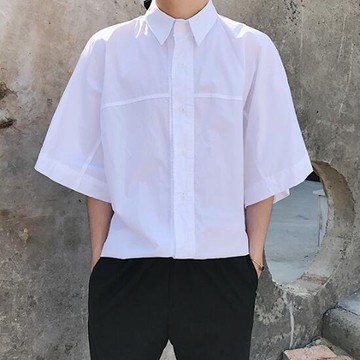 FINDSENSE MD 韓國 街頭時尚 潮 男 簡約純色素面 白色 寬鬆 短袖襯衫 特色短T