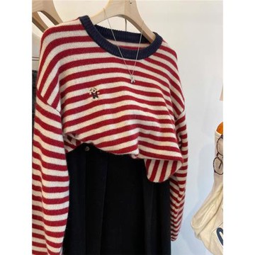 韓版撞色條紋小狗刺繡圓領針織衫女秋季新款寬松套頭百搭長袖毛衣