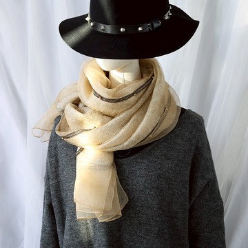 網紅圍巾女抖音同款真絲羊毛披肩亮絲釘珠柔軟保暖駝金卡其色圍脖1入