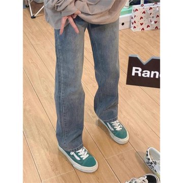 復古藍牛仔直筒褲女秋季新款大碼高腰遮胯顯瘦梨型身材窄版闊腿褲