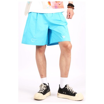 舒適百慕達五分短褲__粉藍色純棉繡花短褲