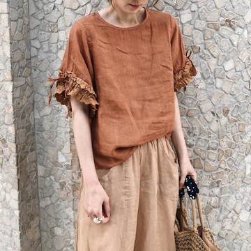 2025春夏新女 日系韓版大碼復古學院風文藝棉麻亞麻短袖襯衫