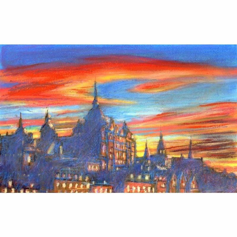 * vintage picture ❀ スウェーデンの街並み 風景画 油絵 日没の風景画 A4 スウェーデンのアート 絵画 ARTE 通販 19359346