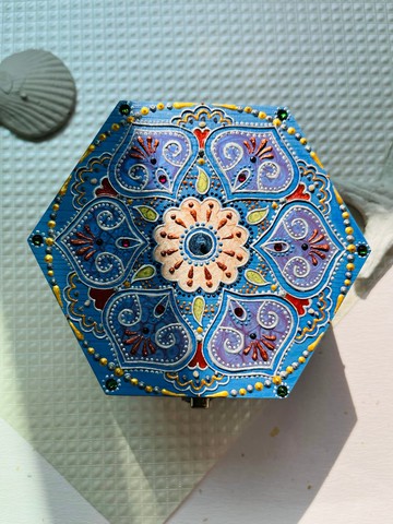六角形手繪雕花朵木盒/HENNA/曼陀羅/民族風