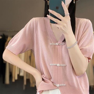 【米蘭精品】現貨+預購針織外套短袖針織衫-修身釘珠盤扣羊毛女外套3色74lc52