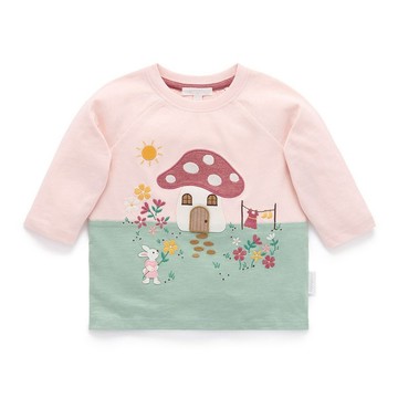 澳洲Purebaby有機棉女童刺繡上衣 2T-4T 粉色蘑菇屋