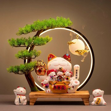 香爐 香插 免運 快速出貨 創意招財貓燈圈月亮掛式香薰爐招財貓玄關收銀擺件香薰仿生崖柏樹