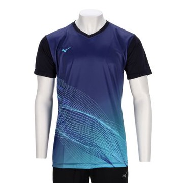 Mizuno  男款 女款 深藍色 美津濃 合身版 V領 排汗衣 羽球 排球上衣 短袖 V2TABG1713