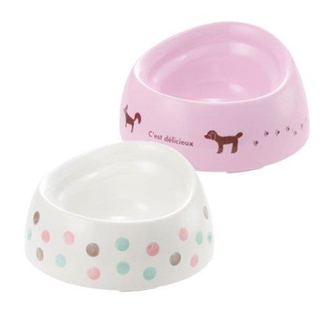 日本Richell利其爾-特殊犬用品種狗碗S號深型-白色普普風/粉色法國風