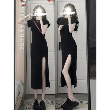 150小矮個子純欲辣妹T恤開叉連衣裙女收腰a字修身中長款xs顯高夏