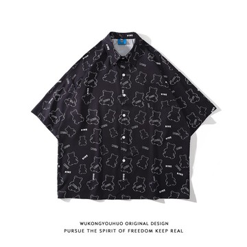悟空有貨潮牌夏季卡通滿印短袖襯衫男女ins街頭寬松情侶百搭襯衣