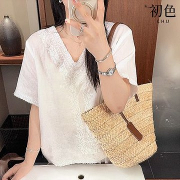 初色 法式V領短袖純色棉麻風刺繡T恤上衣女上衣-白色-18854(M-2XL可選)