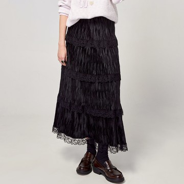 絨面蕾絲波浪壓摺蛋糕裙_黑色【MON'S 流行服飾】