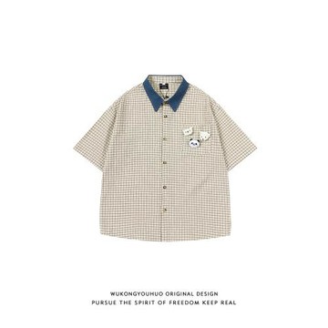 悟空有貨夏季潮牌格子設計感翻領短袖襯衫男復古寬松情侶休閑襯衣
