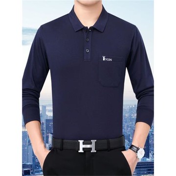 中老年春秋季加厚純棉繡花長袖翻領T恤爸爸裝男士口袋花公子秋衣