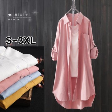 【QV3999】魔衣子-素色單口袋長版長袖襯衫外套