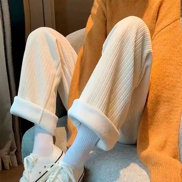 燈芯絨闊腿褲女寬松高腰加絨白色直筒褲子時尚百搭春秋新款