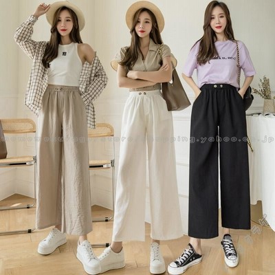 綿麻ワイドパンツ レディース サマーパンツ ウエストゴム 薄手 体型カバー ロング きれいめ カジュアル 韓国風 着痩せ ボトムス おしゃれ 無地 春夏