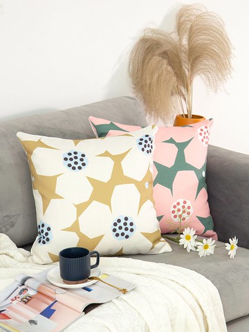 北歐簡約花卉客廳沙發抱枕靠墊辦公室護腰棉麻靠枕套正方形枕頭