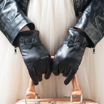 真皮手套保暖手套-蝴蝶結荷葉邊加絨羊皮女手套73wm45【獨家進口】【米蘭精品】