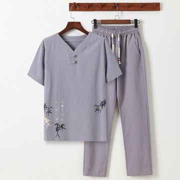 爸爸棉麻套裝男裝中年休閑短袖T恤夏季中老年人爺爺亞麻衣服夏裝