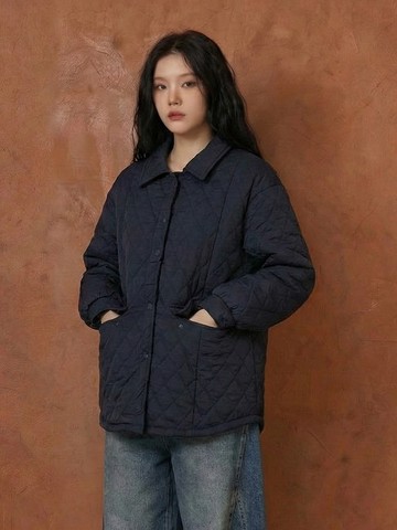 翻領菱格紋鋪棉口袋外套