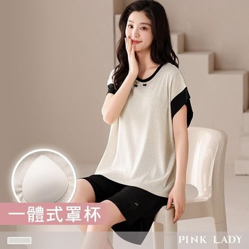 【PINK LADY】任-罩杯式 短袖睡衣 夜影貓語 撞色素色螺紋成套居家服(胸墊/彈性)25941